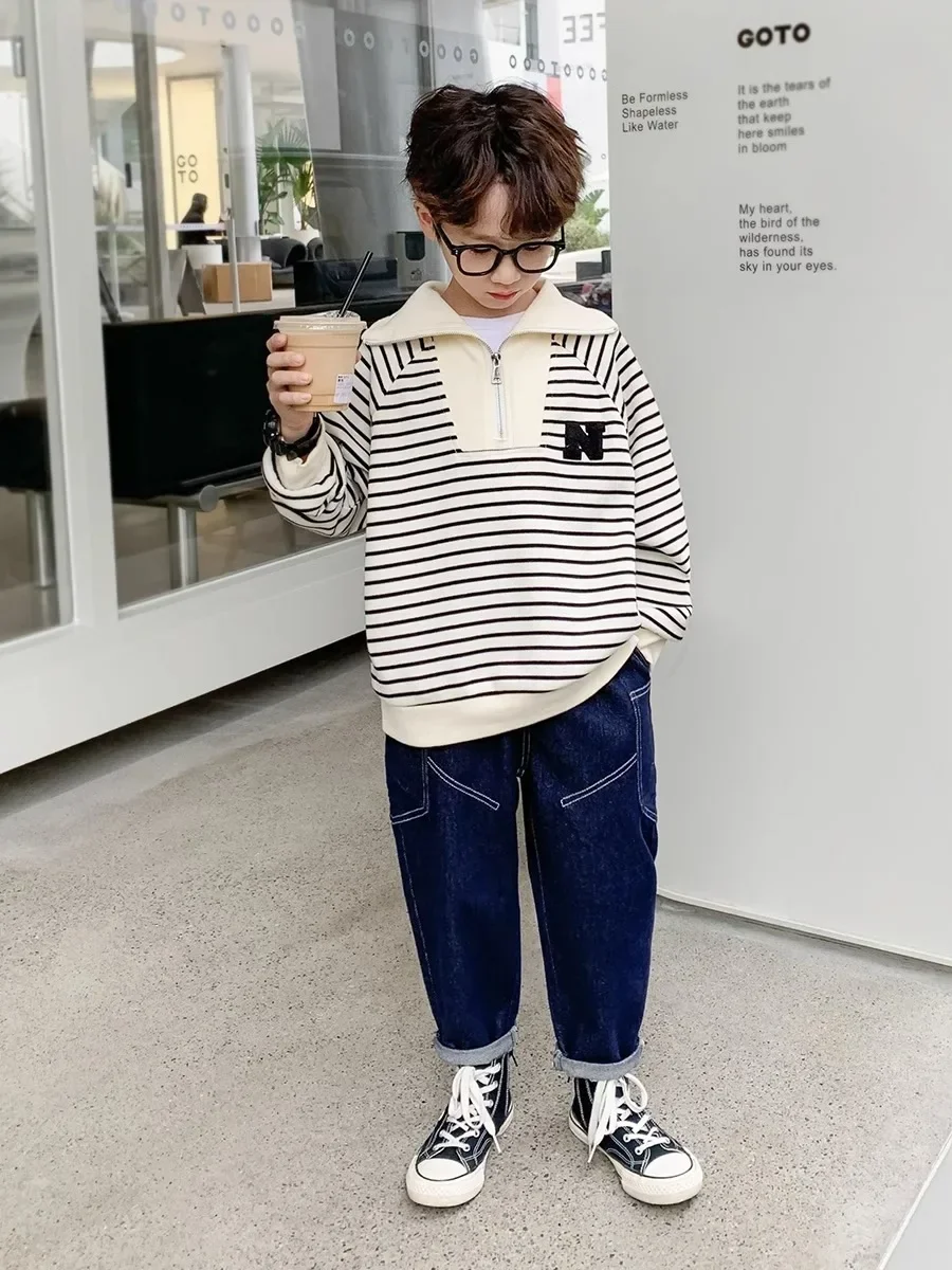 Korean Spring Autumn Children Boy Knitted Tops Junior Boy Striped Half Zip Sweater Pullover School Boy Warm Knitwears 4-12Yrs