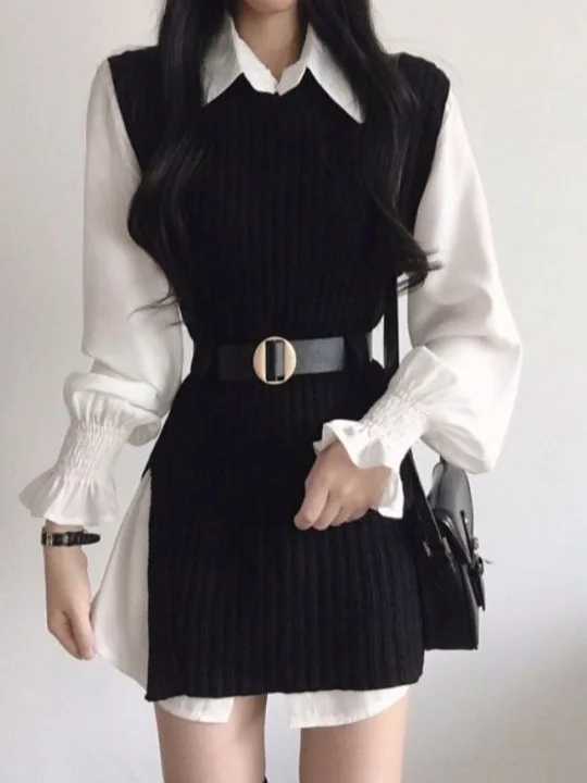 

Korean Sle Women's Faion irt And Sweater Vest Two-Piece Set White Base Layer Autumn Wear Long Sve Adult Size