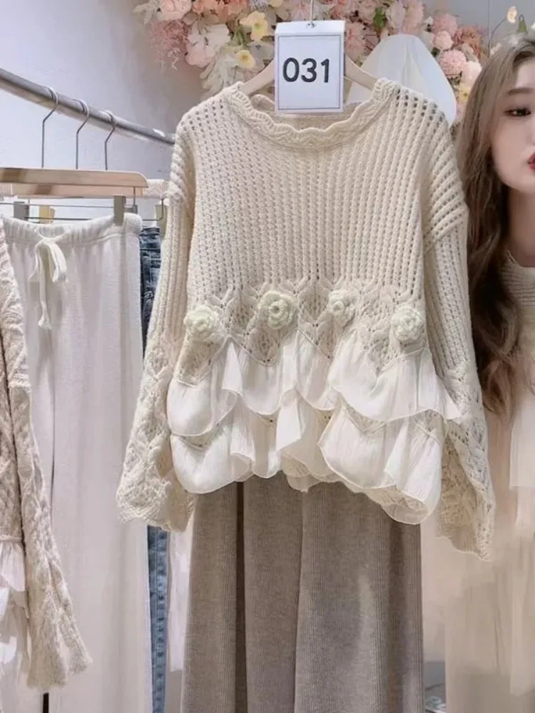 Vintage متماسكة سترة طويلة الأكمام كشكش الدانتيل متابعة الخريف بلوفر شتوي المرأة بلوزات قصيرة شيك س الرقبة ثلاثية الأبعاد زهرة البلوز الحلو جديد #1