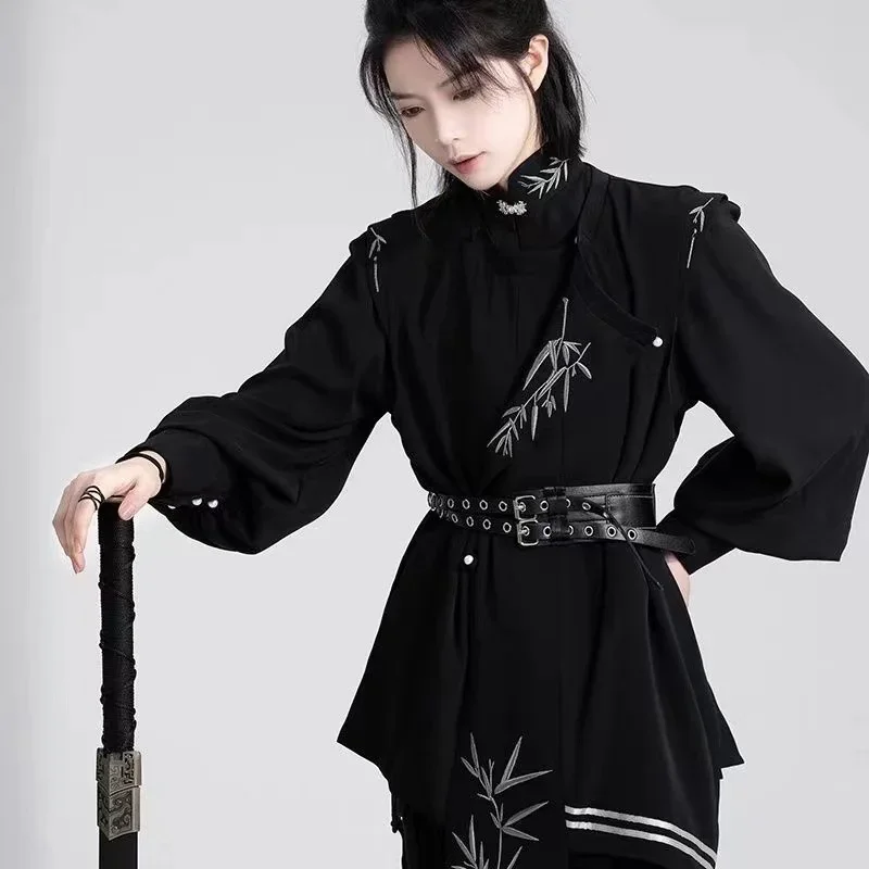 Neutral Style Han Element Robe Men Women New Chinese Tang Costume Vintage Niche Dark Black Fashion Couples Shirt Clothing