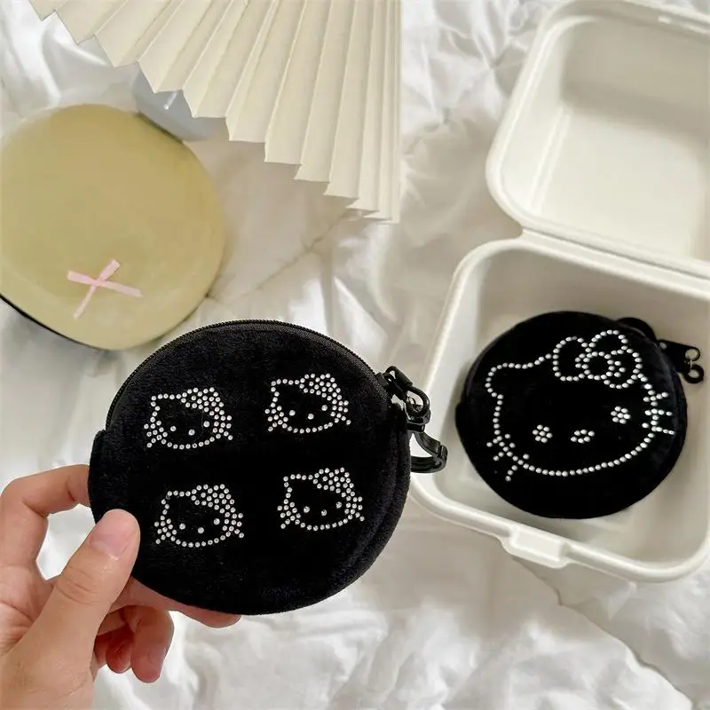 Hello Kitty Zero Wallet Kawaii Hello Kitty Rhinestone Wallet Black Premium Plush Coin Purse Multifunctional Mini Storage Bag