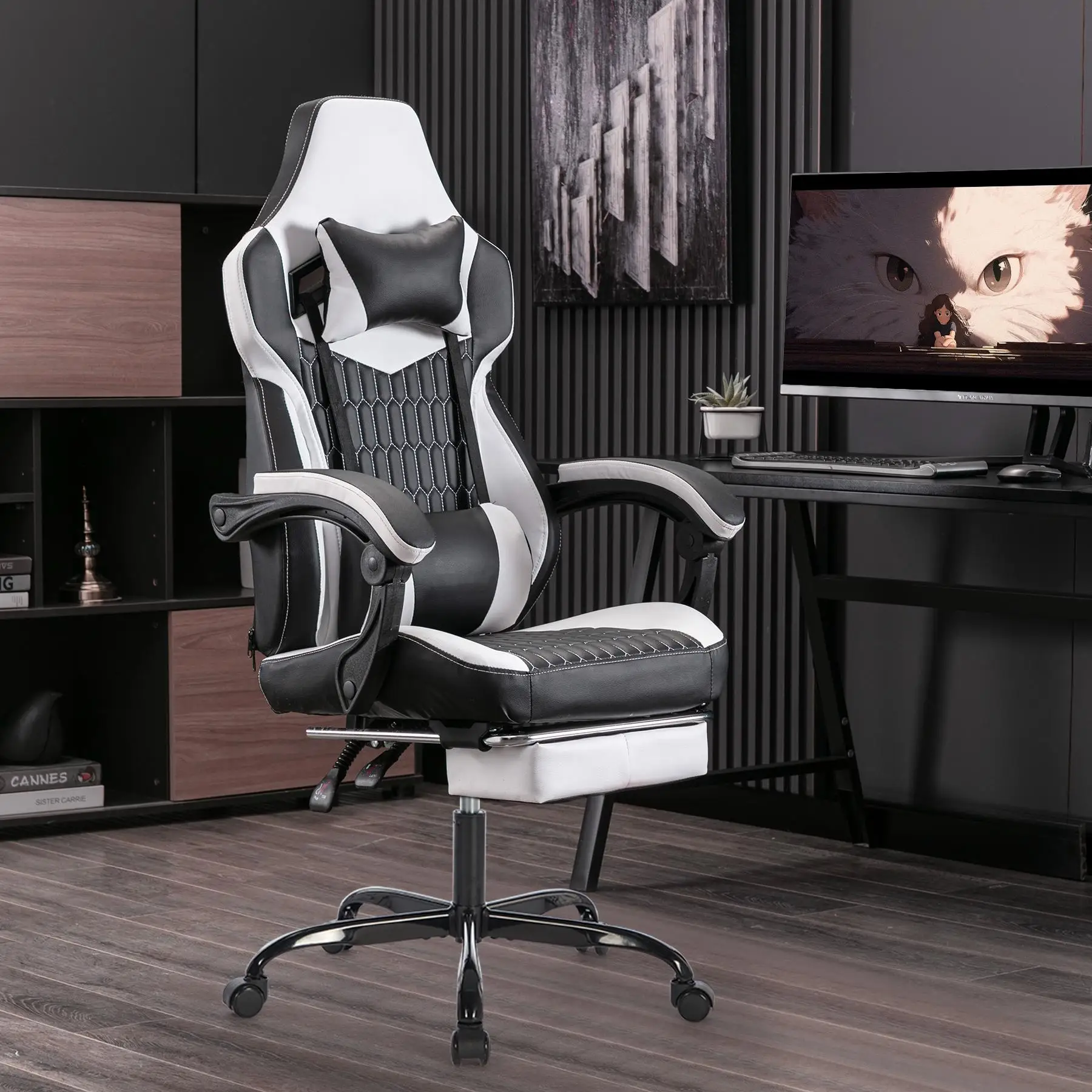 High Back Gaming Chair with Footrest, Ergonomic Office Seat PVC Leather Racing Style Video Game Headrest Lumbar Support