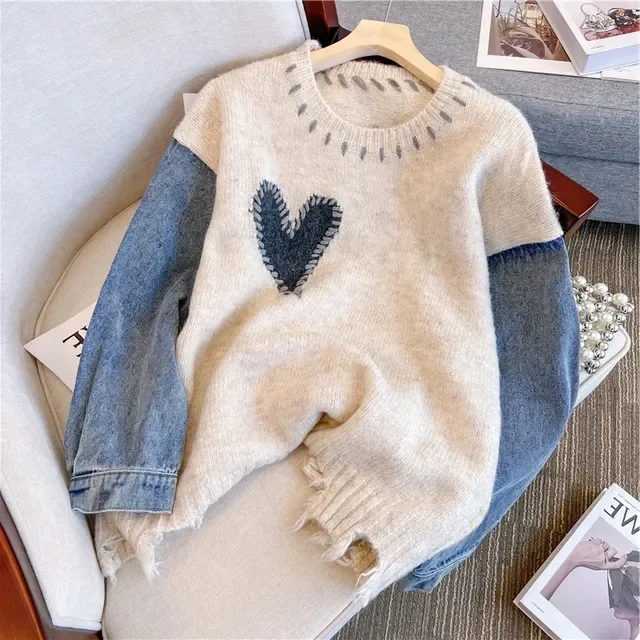 Autumn Winter Fashion Round Neck Patchwork Denim Sweater Top Women\'s Vintage Y2K Knitting Long Sleeve Casual Pullovers