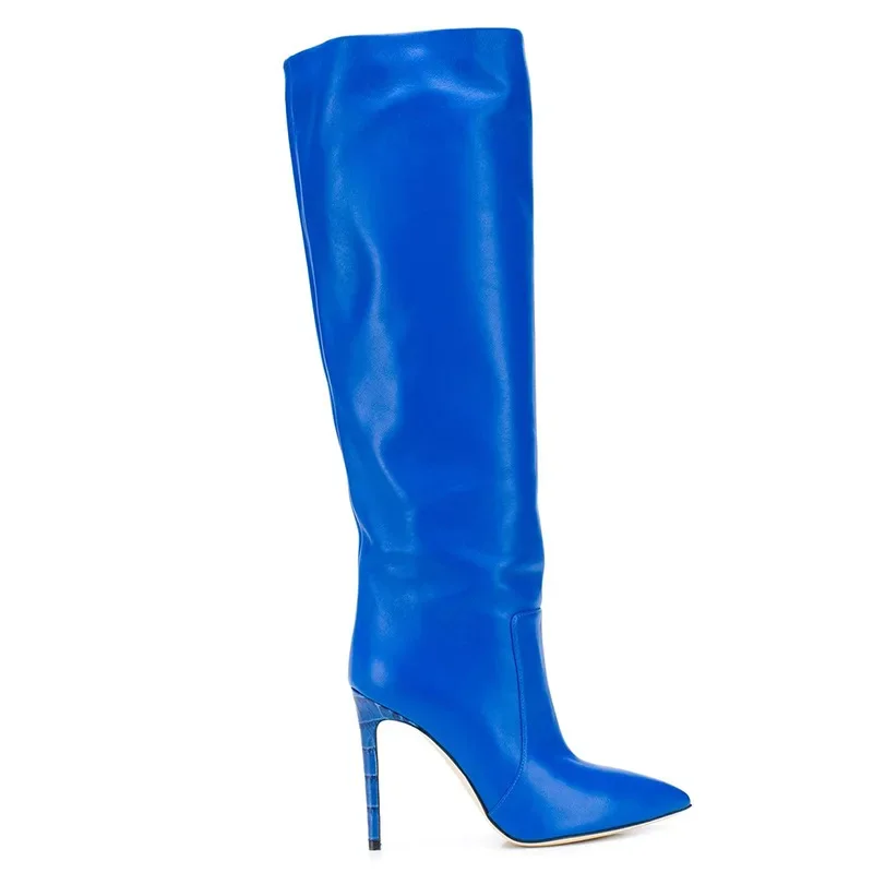 

Blue Soft Leather Women Knee High Boots Stiletto High Heels Long Ladies Shoes Pointed Toe Botas Mujer Winter Sapatos Feminino