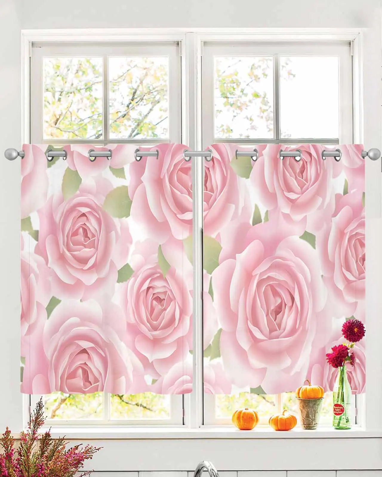 

2 Panels Set Tulle Window Curtains Modern Pink Roses Flowers Texture Rod Pocket Grommet Top Curtains for Bedroom and Living Room