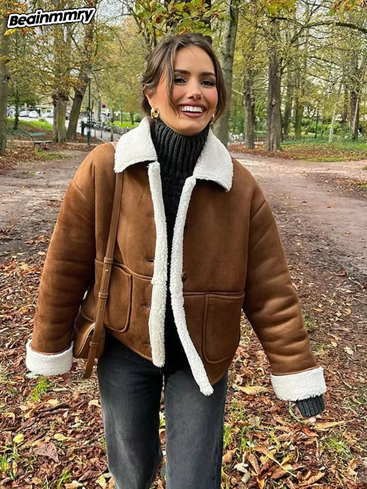 Autumn Winter Retro Warm Sherpa Lining Jacket Women Brown Laple Thick Single Breasted Pocket Coat Lady Fashion Commute Outerwear