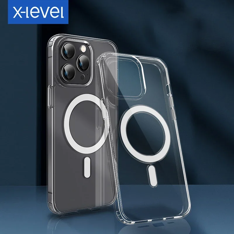 For iPhone 15 Pro Max Magnetic Case X-level Shockproof Crystal Clear PC+TPU Transparent Back Cover for iPhone 14 Pro Max