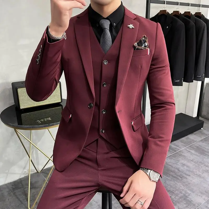 (Jackets+Pants+Vest)High Quality Slim Fit Party Suit Mens Tuxedos Formal Business Wedding Social Suits Woven Decorate 3 Pcs Set