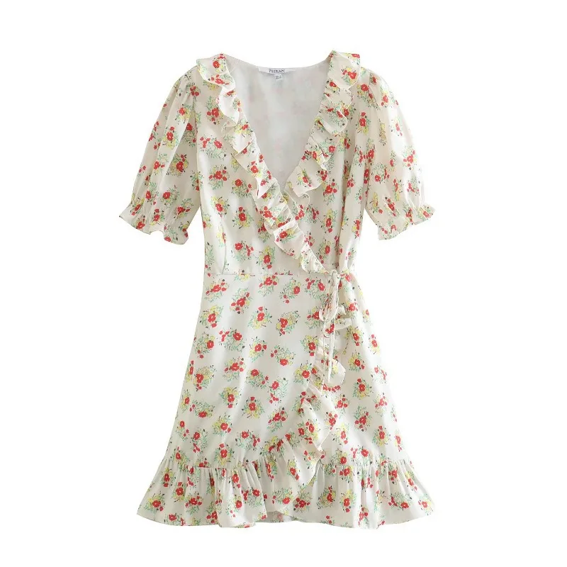 Kpop Jang Won Young Elegant Floral Dress Women Summer Sexy Lace-up Mini Dress Lady Korean Party Puff Sleeves Fairy Dress