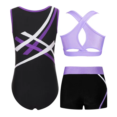 Imagen 2 del producto Mono de gimnasia rítmica para niñas, traje de Color contrastante, tutú de Ballet, leotardo con chaleco recortado, pantalones cortos, conjuntos de Ropa de baile para adolescentes