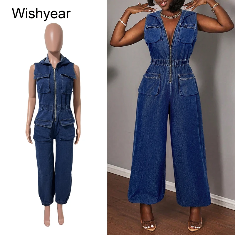 

Fashion Streetwear Overalls Women Pocket Zipper Hooded Elastic Waist Denim Jumpsuits Blue One Pieces Wide Leg Pants Jeans Romper