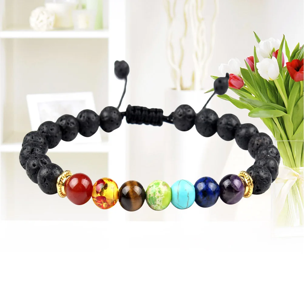 

2Pcs Lava Stone Bracelet Natural Gemstone Beads Seven Chakra Healing Diffuser Balance Unisex Accessories for Health Luck