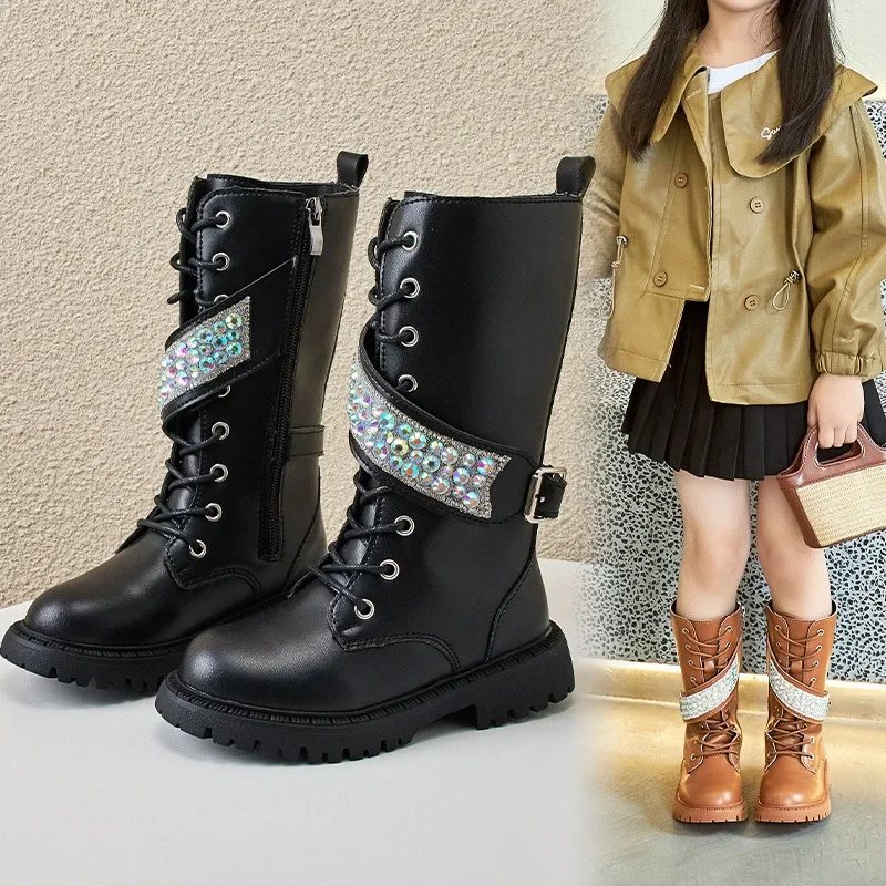 

Children Fashion Mid-calf Boots for Girls Soft Leather High-top Boots Brand Design Princess Autumn Long Riding Boots