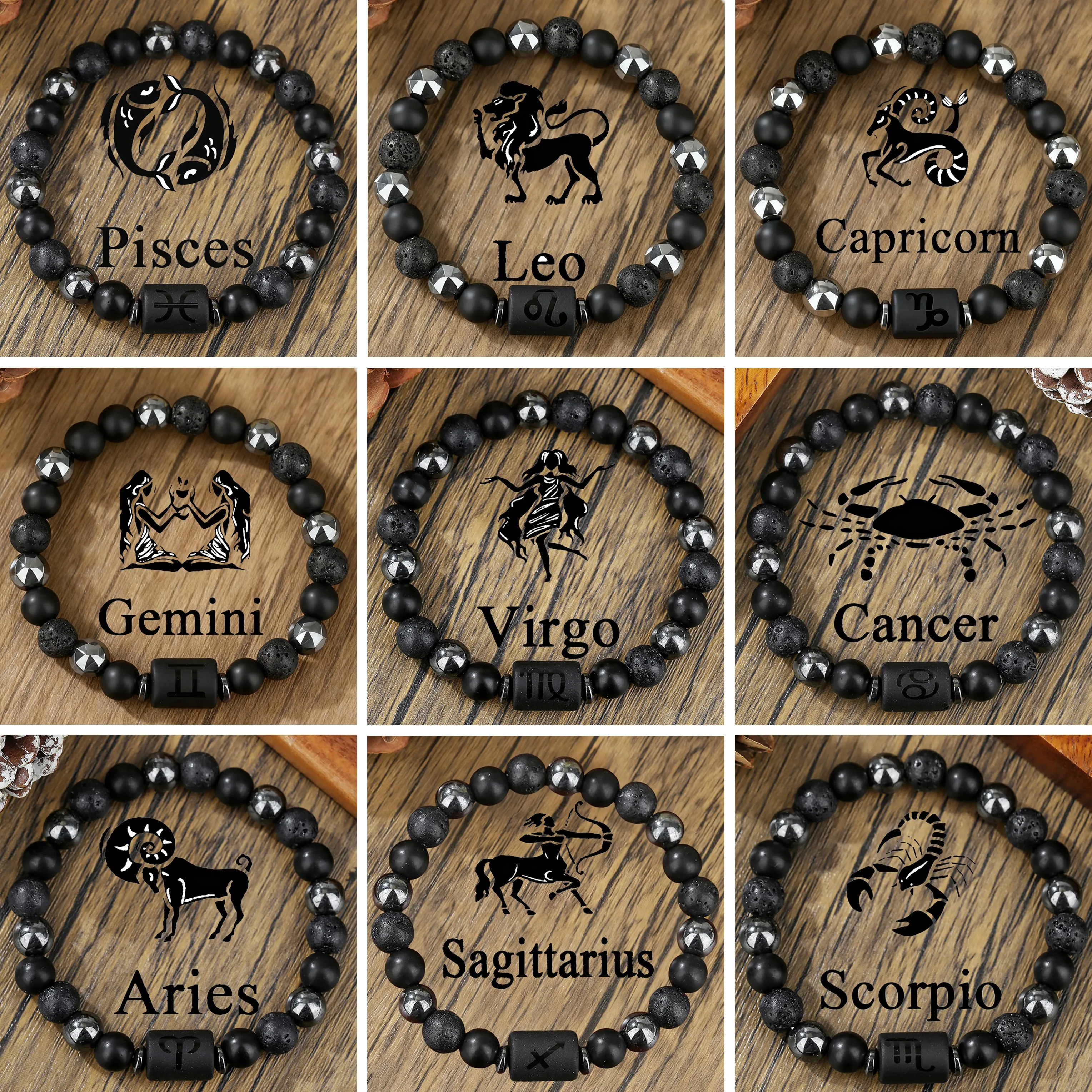 Nueva llegada 12 pulsera de energía del zodiaco piedra volcánica Natural negro Retro hecho a mano pareja joyería con cuentas