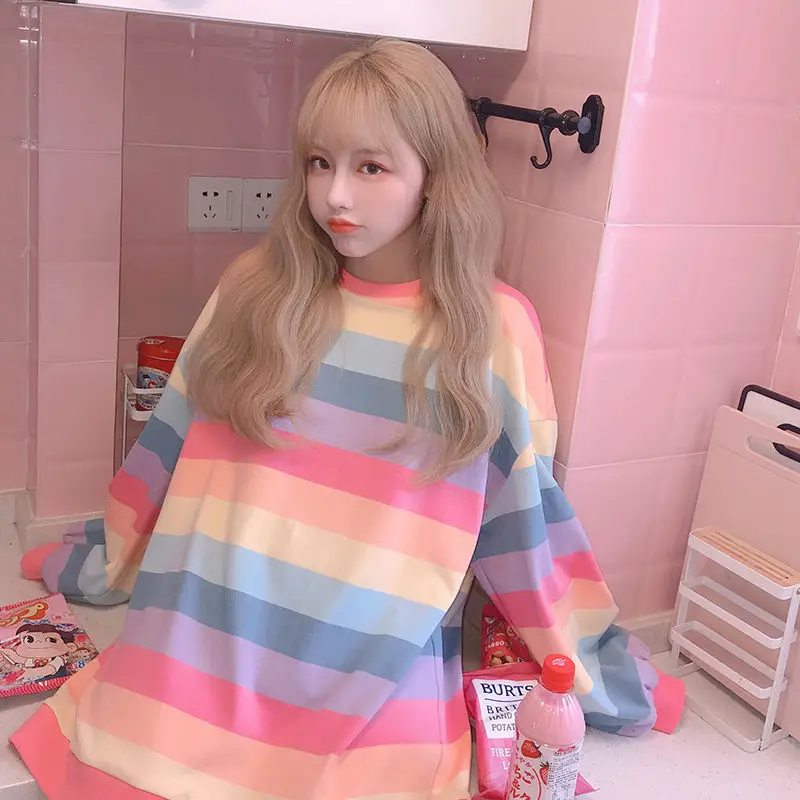 

Women 2024 Autumn Long Sleeve O-neck Sweatshirt Pink Rainbow Striped Oversize T Shirts Korean Style Ladies Fleece Sweat tops