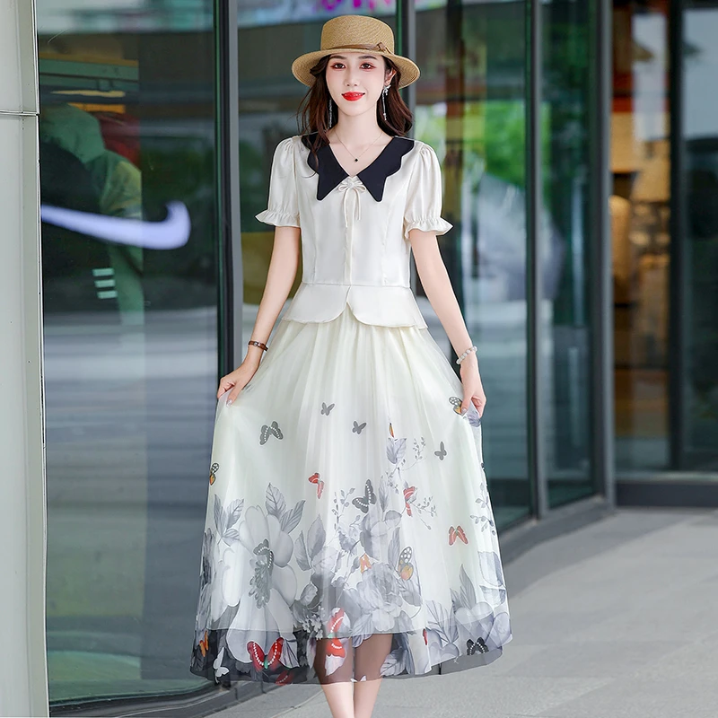 Simplicity Pleated Knee-length Skirts Loose Temperament Printing Fashion Women's Clothing Casual Spring Summer Thin Intellectual