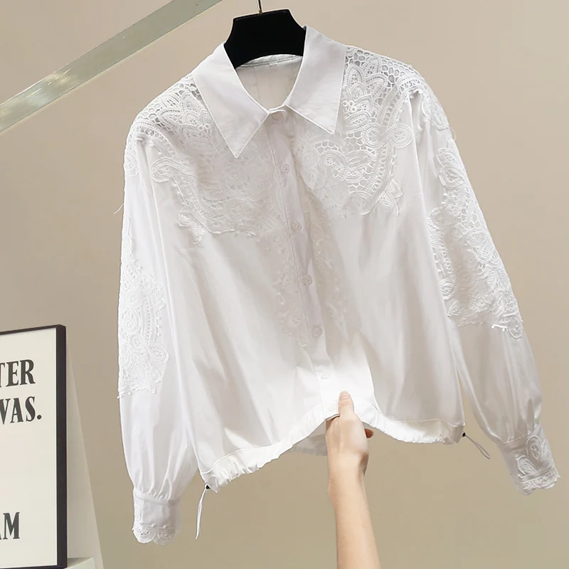 

Korean Sle Heavy Embroidery Lace Splicing Color Loose Long Sve irt Faionable Breathable Casual Fene Top