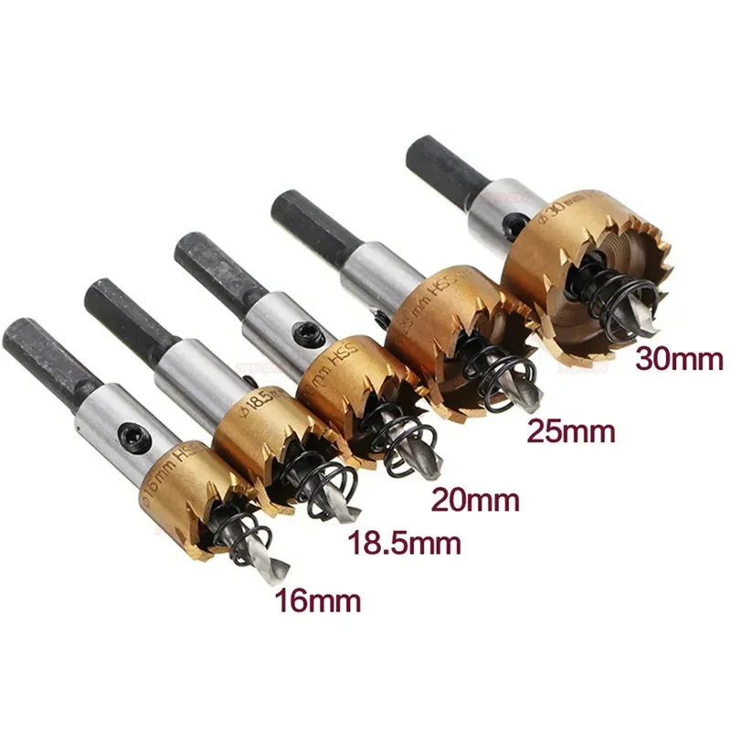 BAAJ-Hole Saw Cutter Drill Bit Set 5 Pieces HSS For Sheet Metal Reaming 16Mm 18.5Mm 20Mm 25Mm 30Mm High Precision Drills