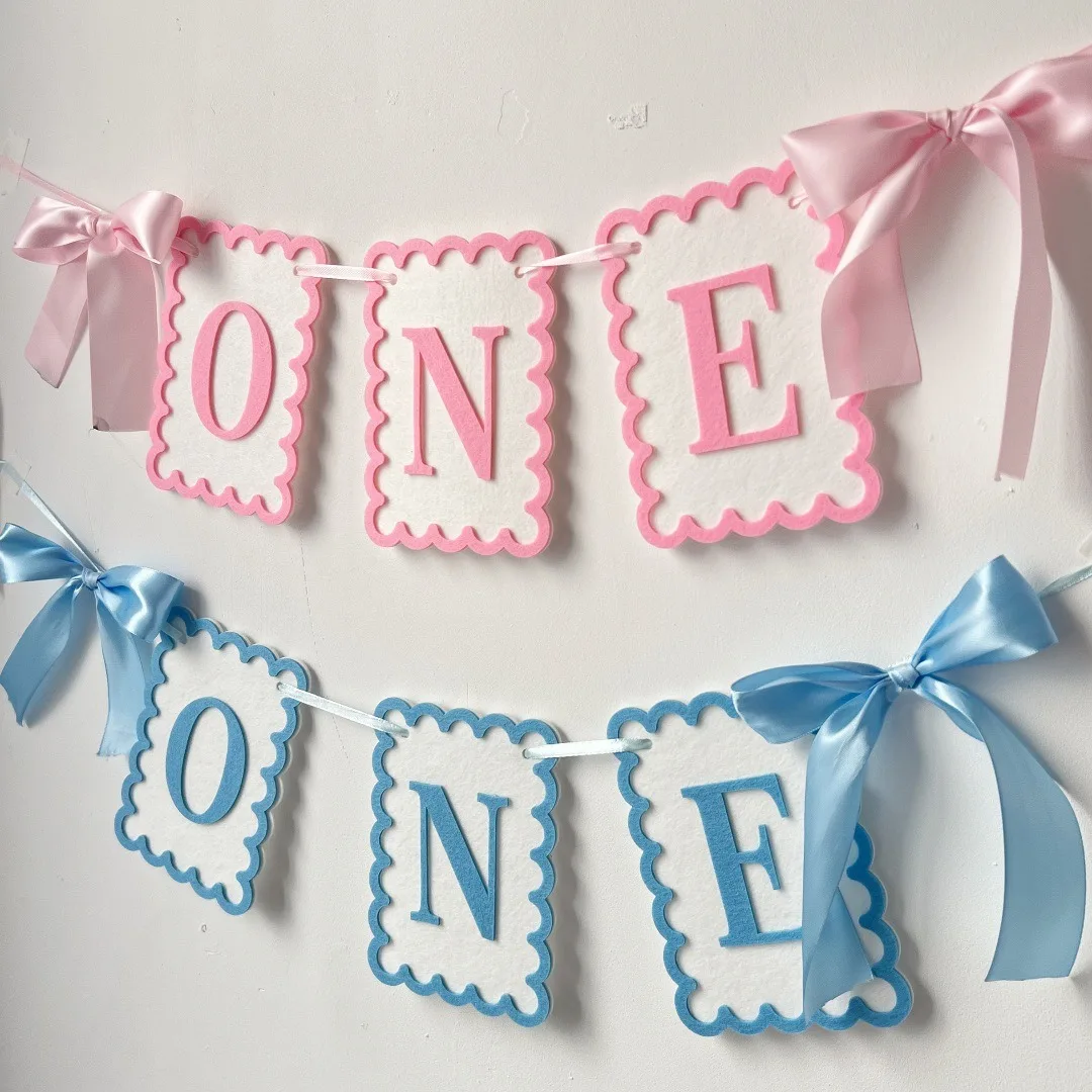 Baby First Birthday One Letter Banner Cheer Girl Boy One Year Old Bow Garlands Happy 1st Birthday Background Baby Chair Decor
