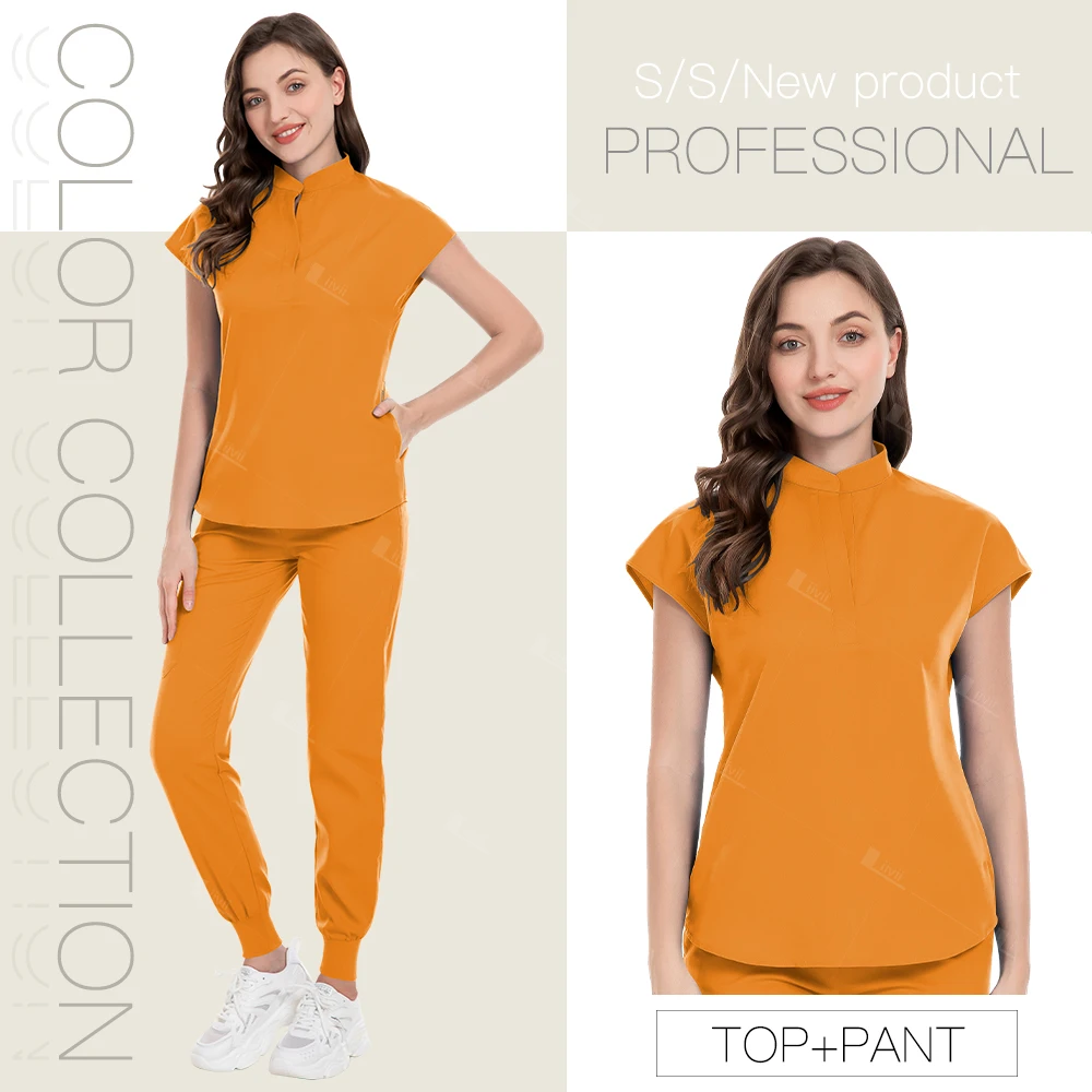 Scrubs Uniform Suit Short Sleeve V-neck Tops+jogger Pants Set Nursing Uniform Women Multicolor Pet Doctor Scrub Medical Workwear