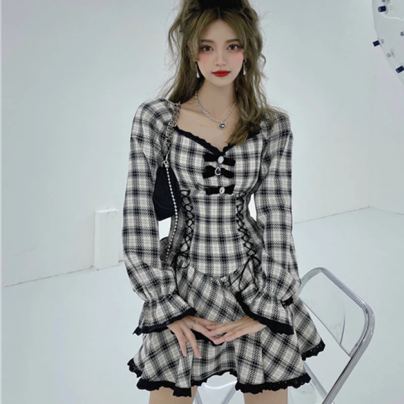 2022 koreanische Version Gothic Kleid für Frauen Spitze Spitze Rüschen Patchwork Plaid Vintage Print Mode Cool Girl Langen Ärmeln Rock