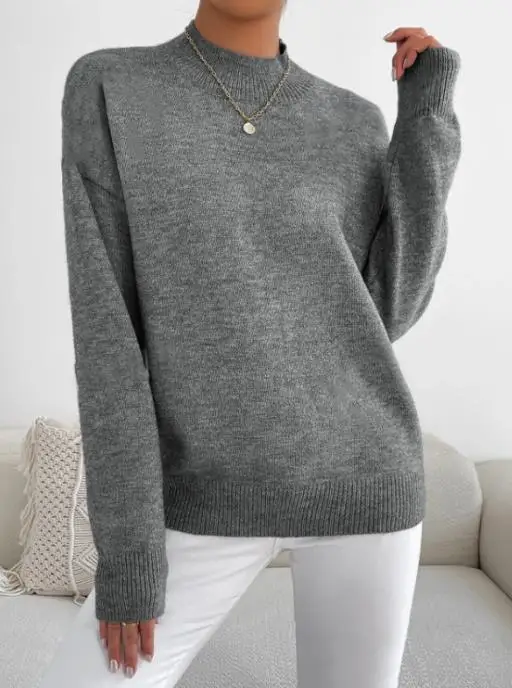 

Осенне-зимний пуловер с полувысоким воротником и длинными рукавами, женский модный однотонный свободный вязаный топ