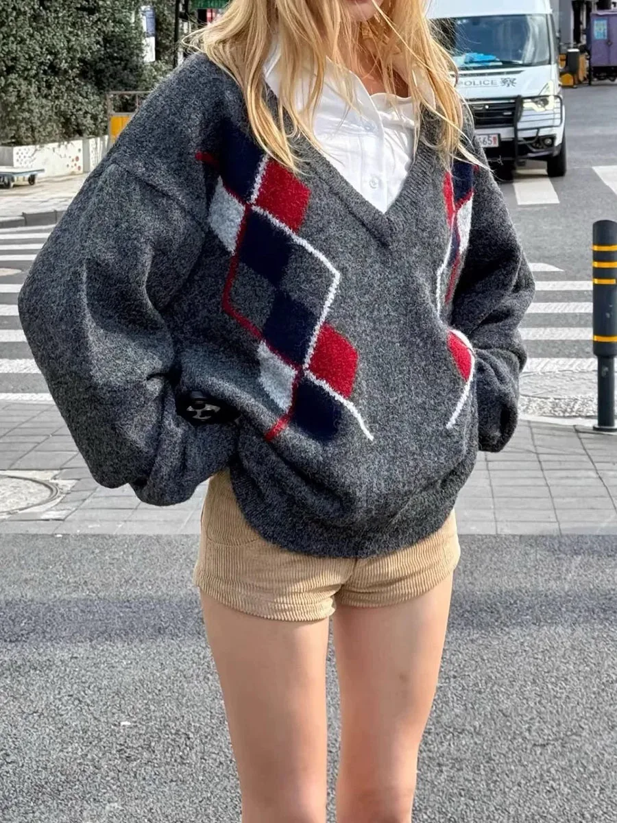 

Новый женский винтажный вязаный свитер в серую клетку аргайл с V-образным вырезом, длинными рукавами, из хлопка, весенний повседневный пуловер в стиле преппи, топ Y2K