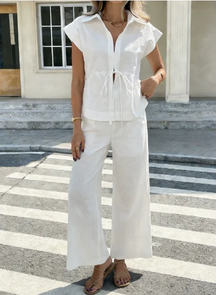 

Two Piece Set Women Outfit 2026 Spring Summer New Solid Color Turn-Down Collar Short Sleeve Lace Up Shirt & Casual Pants Set