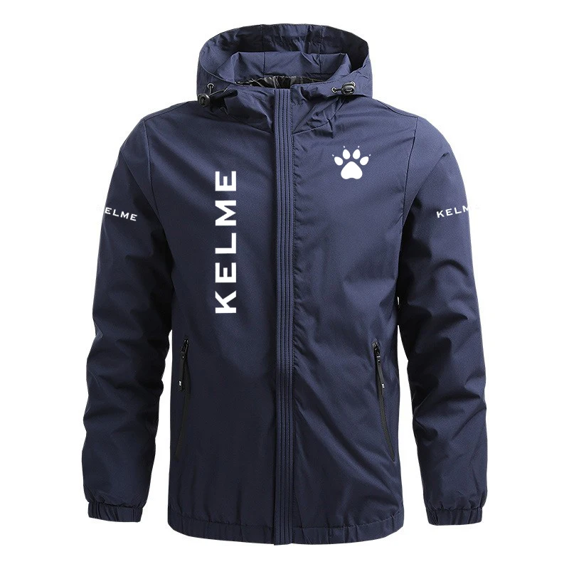 Men KELME Motorcycle Hooded Windbreaker Jacket Lightweight Waterproof Zip Up Coat Multi Logo Print Motorbike Rider Outdoor Raci