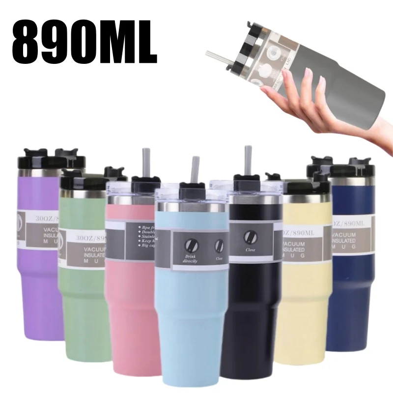 

2024 High Quality Double Wall Cups 890ML Stainless Steel Portable Coffee Mug For Car With Lids Tumbler With Handle And Straw