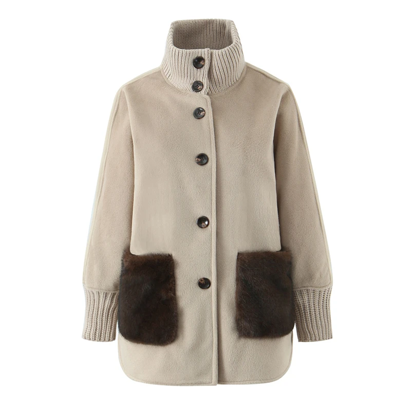 

Women's Beige Fleece Coat with Knitted Collar & Cuffs - Faux Fur Pocket Button-Front Winter Jacket