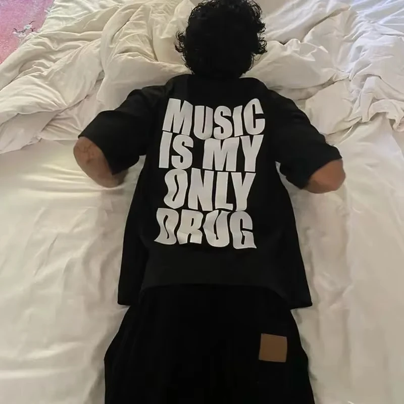 Alphabet Music Is My Only Drug Fun English Short-sleeved T-shirt Summer Cotton T Shirt Trendy Niche Men's and Women's Streetwear