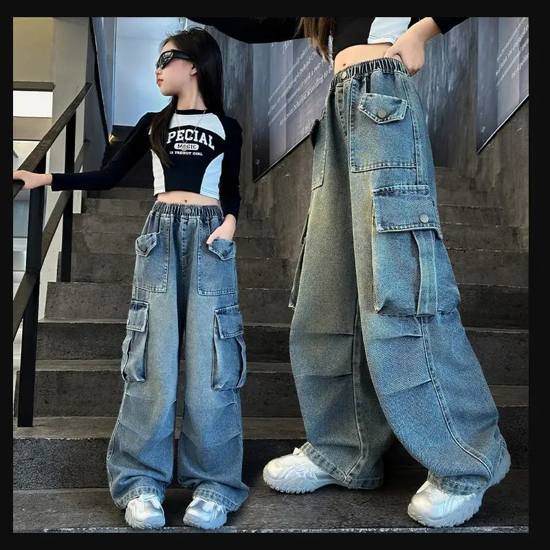 Girls Spring Autumn Cargo Wide Leg Denim Jeans 4‑14Y Kids Elastic High Waist Multi‑Pockets Loose Casual Pants