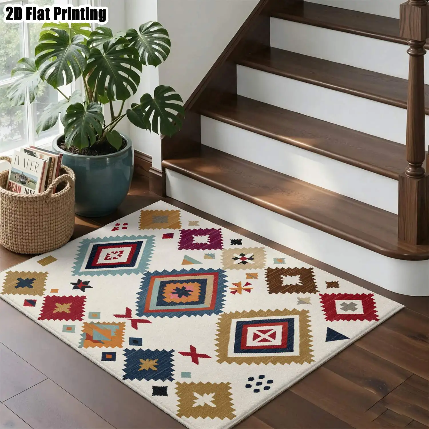 1Pc 2D Printed Colorful Geometric Ethnic Bohemian Vintage Carpet, Home Decor, Multi-Size, Machine Washable, for Entrance, Dining Room, Foyer, Study, Living Room, Bedroom
