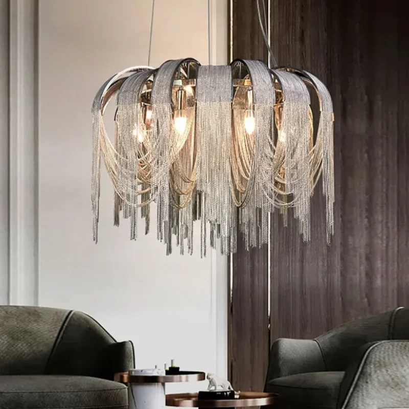 

Modern luxury multi-layer chrome-plated tassel dimmable LED chandelier living room dining room bedroom ceiling decoration lamp