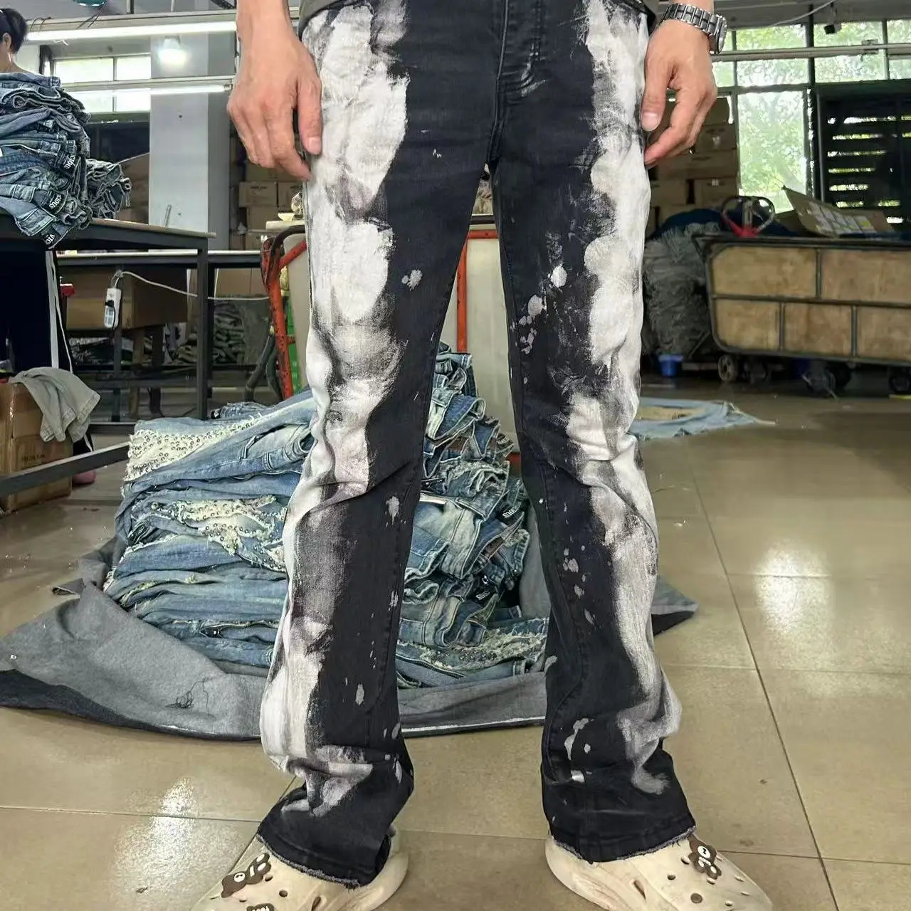 

Мужские джинсы Waed Splatter Paint Denim Bell Bot Slim Fit из хлопка с эластаном, повседневные, на все сезоны, со средней посадкой, длинные брюки