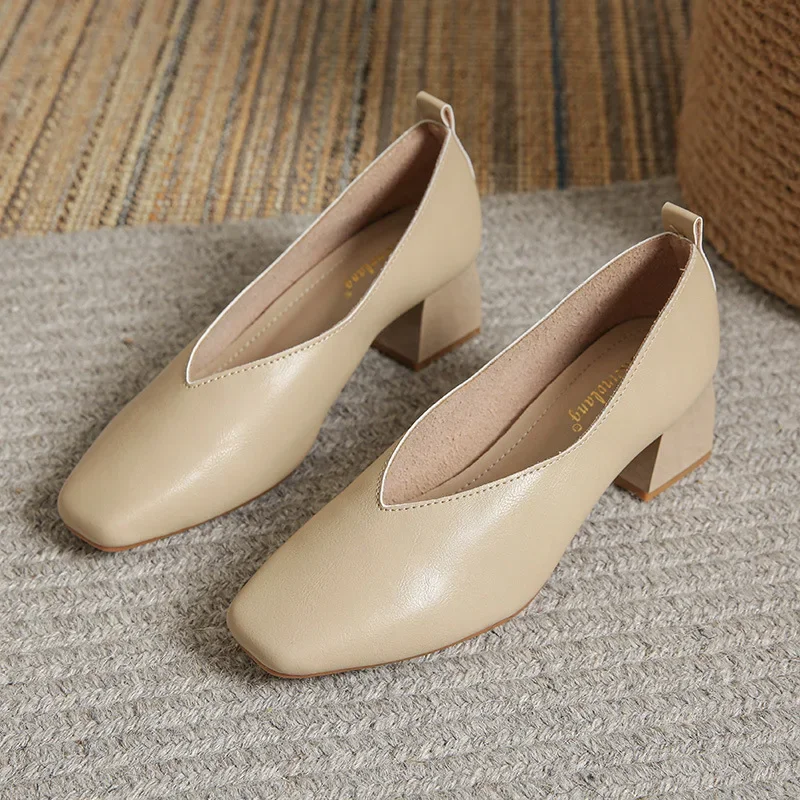 Women Shoes Chunky Heels Pumps Fashion Soft Leather High Heels Shoes OL Daily Work Shoes