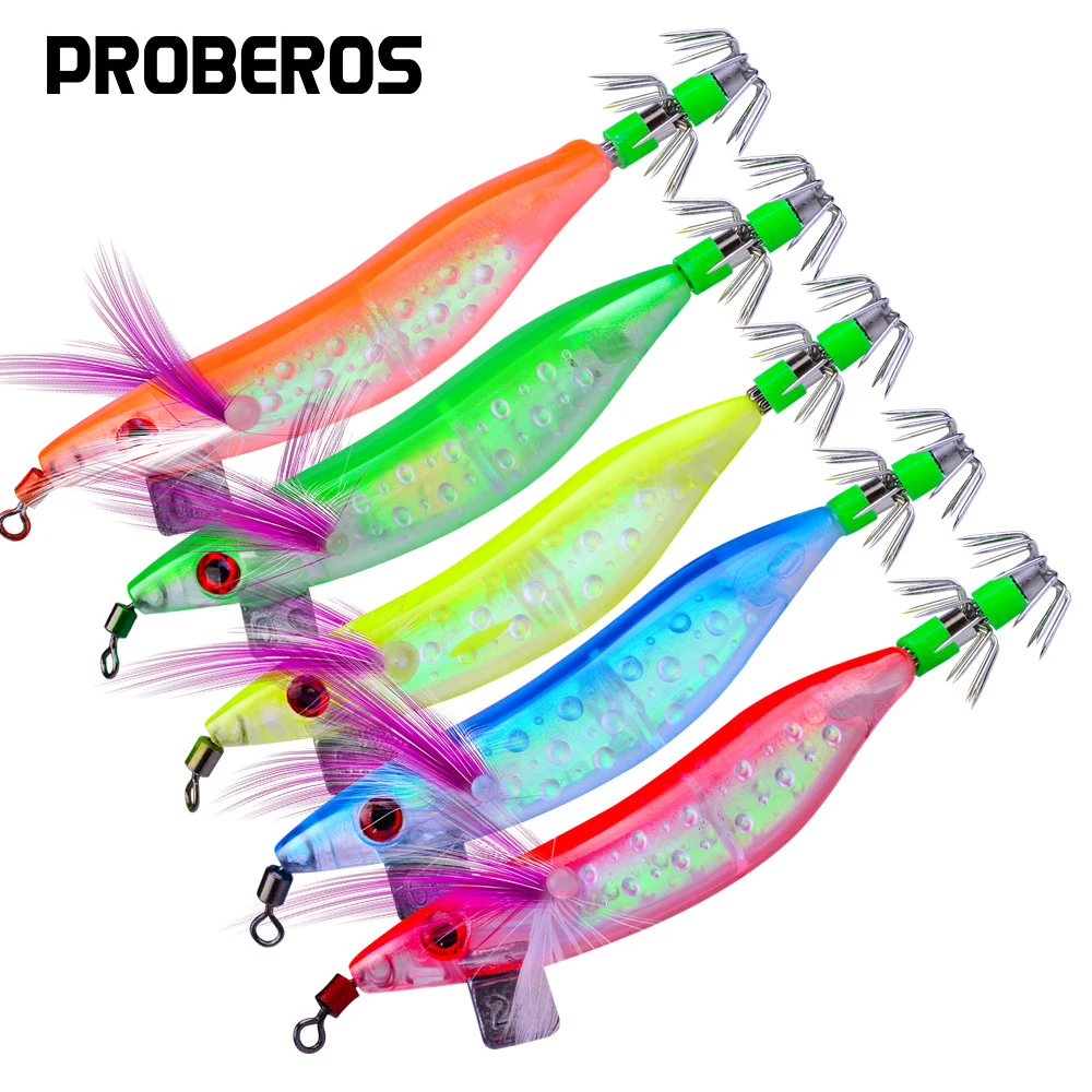 PROBEROS 5PCS Fishing Lures Octopus Shrimp Wood Baits Hand Squid Jig Wrapped Prawn Lure Lead Sinker 10cm/8.1g 2.0#