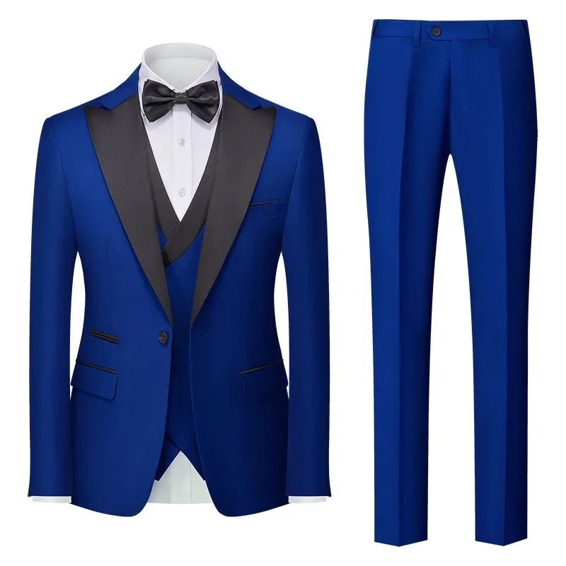 O66Trendy Groom Wedding Korean Style Slim Suit Three-piece Banquet Dress