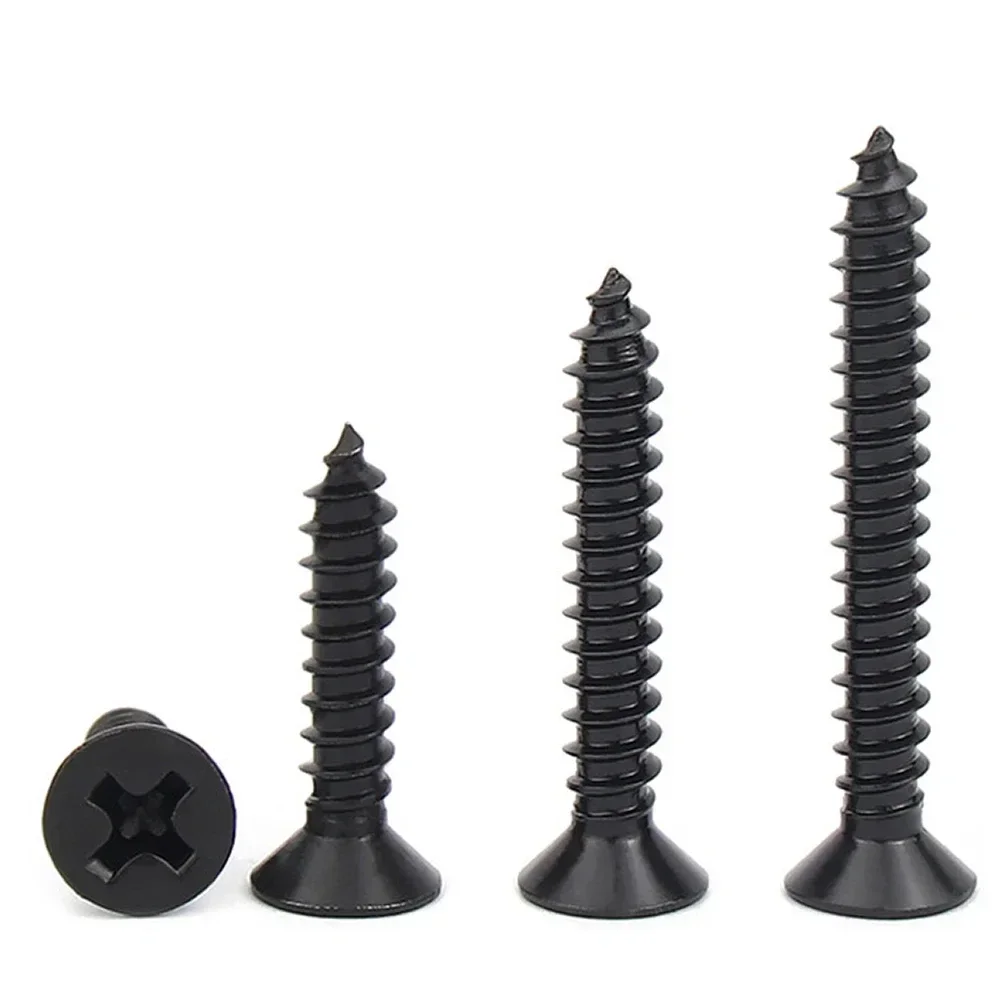 100Pcs M1 M1.2 M1.4 M1.5 M2 M2.6 M3 M3.5 M4 M5 Cross Countersunk Flat Head Self-tapping Screw Black Phillips Carbon Steel