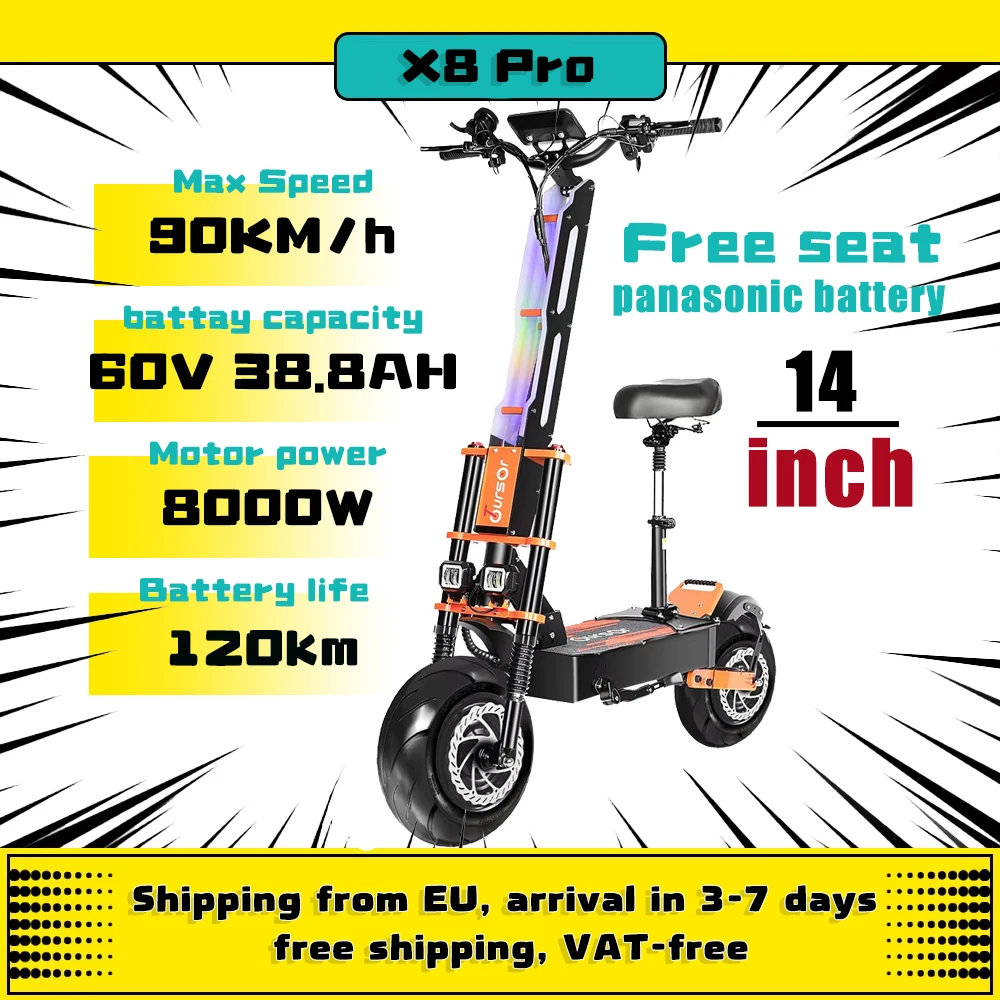 EU X8 PRO Dual Motor Electric Scooter 8000W 60V 38.8AH Max Speed 95KM/H Lcd Display Folding 14 Inch Big Off-Road Tyres Escooter