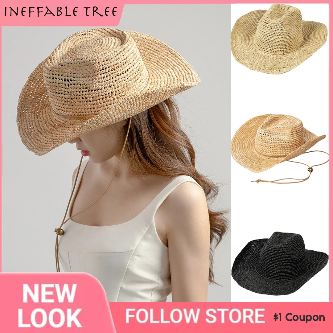Hand-crocheted Natural Raffia Straw Cowboy Tie-Up Hats for Women Men Summer Wide Brim Sun Outdoor Breathable Beach Caps Gorros