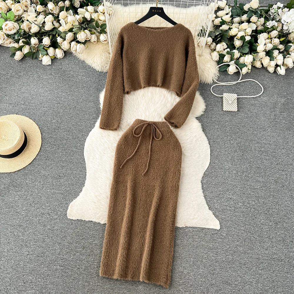 

Croysier Autumn Winter Set Women Casual Fluffy Knit 2 Piece Set Cropped Sweater Pullover And Tie Bow High Waist Midi Skirts Sets