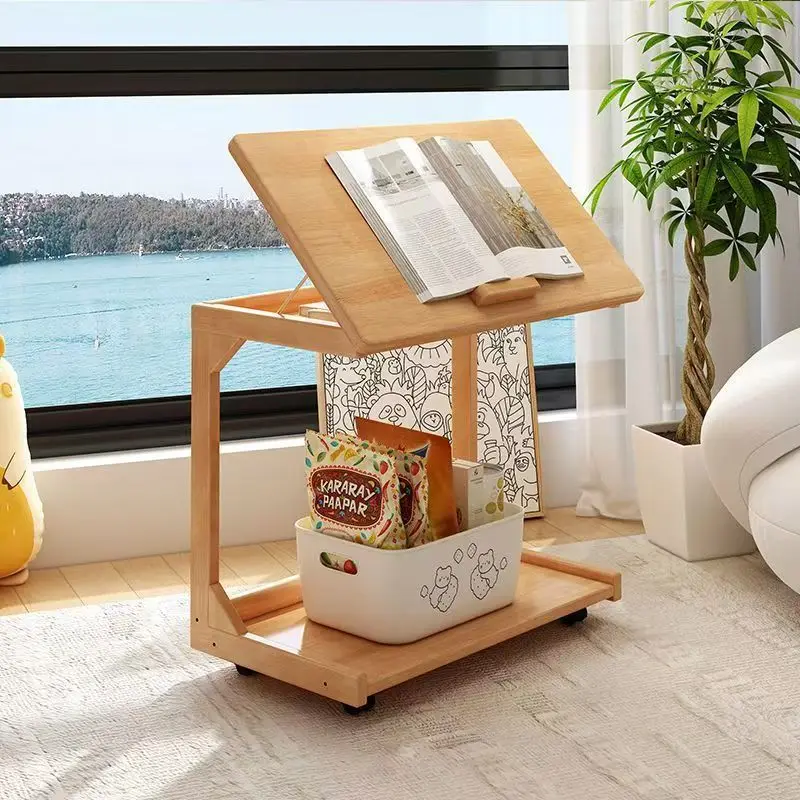 Small Movable Wooden End Table with Wheels Minimalist Nightstand for Sofa Bedside