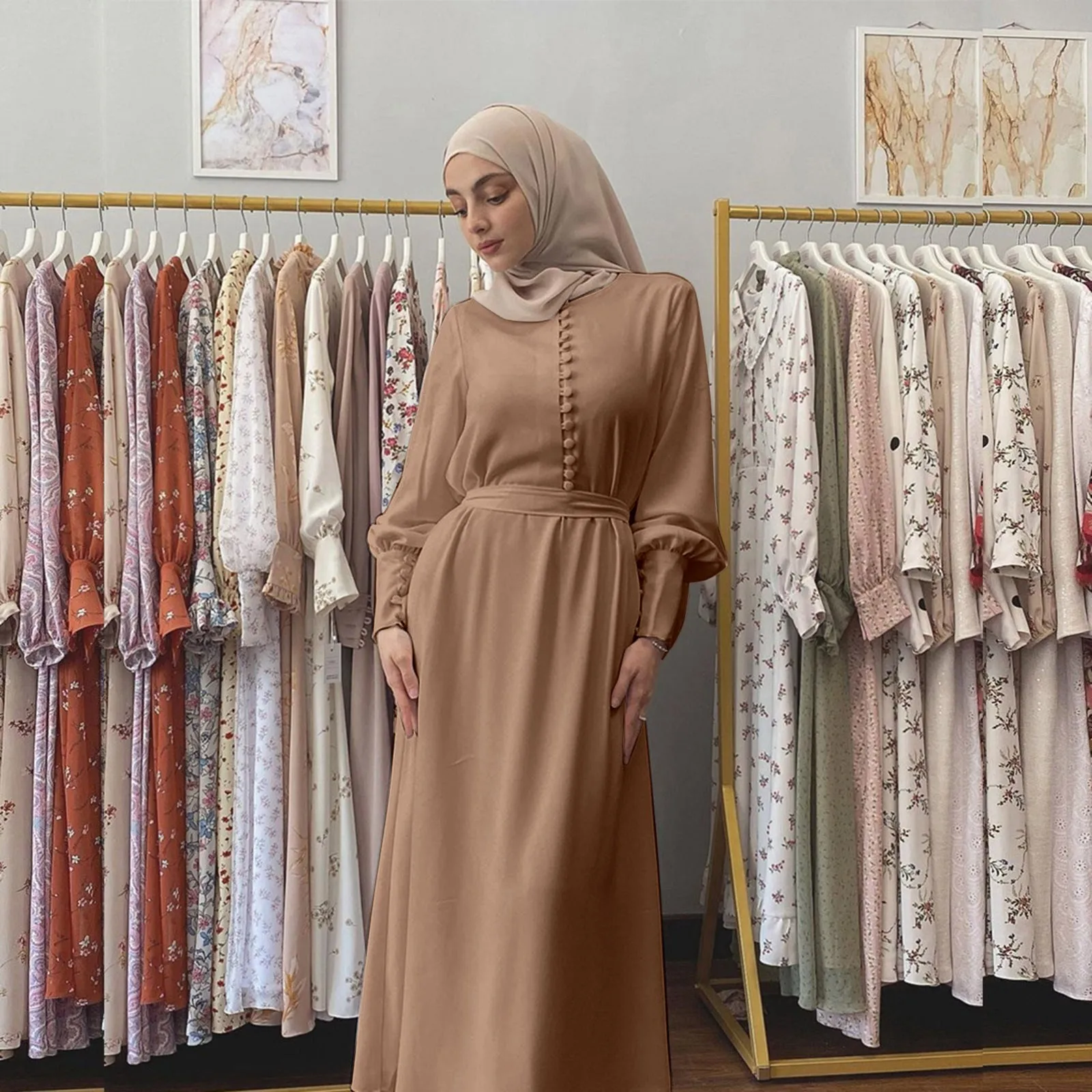 Chiffon Muslim Dress Dubai Turkish Muslim Abayas Solid Color Robes Women Long Sleeve Single Breasted Abays Islamic Clothing