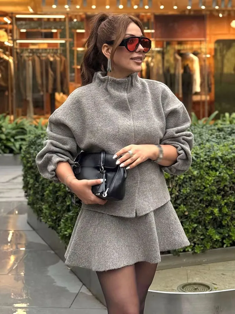 HH Damenmode-Anzüge, einfarbig, lange Ärmel, einreihig, Strickmantel + Minirock mit hoher Taille, weiblich, Herbst, elegantes Rock-Set