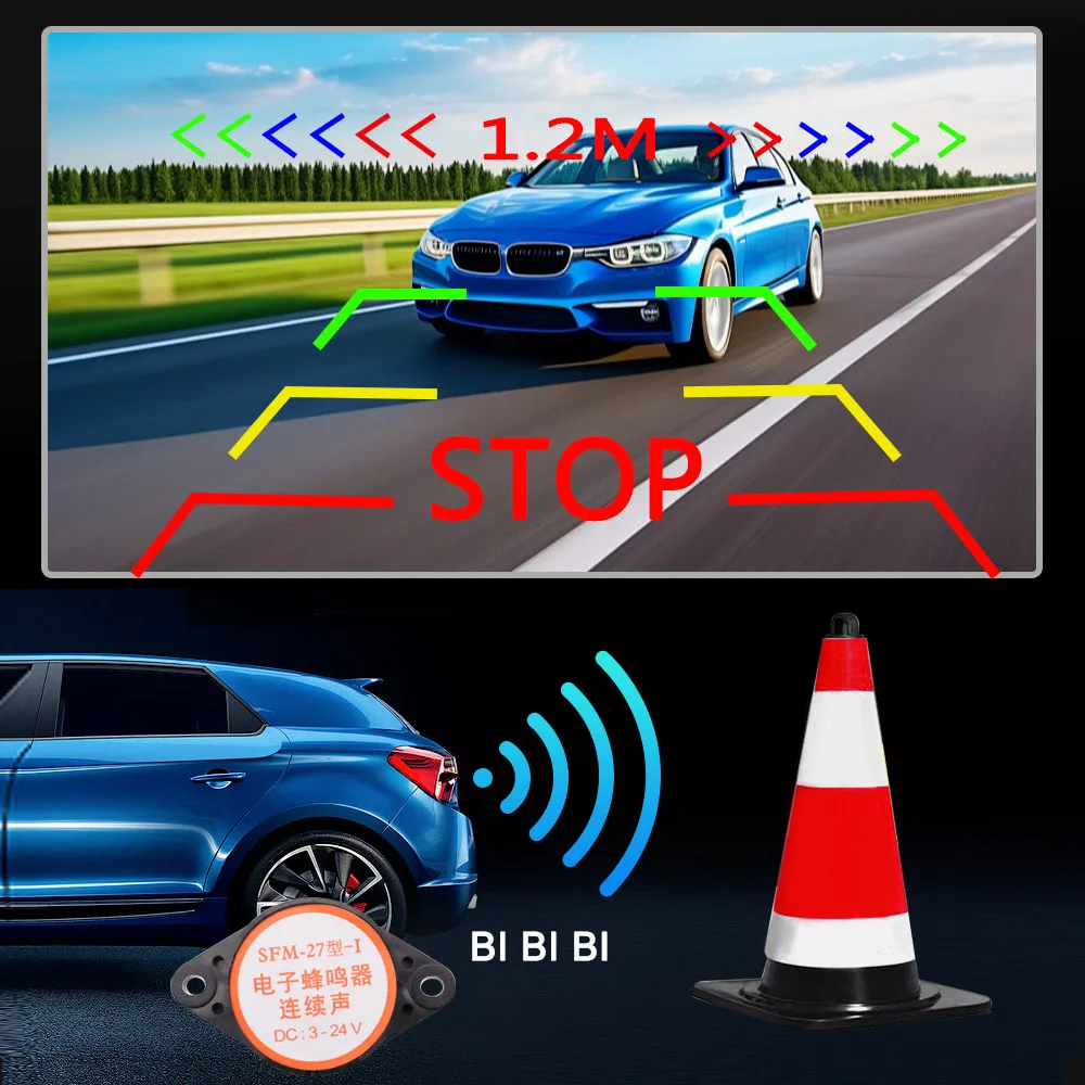 90° Adjustable Mount Visual Fisheye Lens Reverse Camera with Parking Radar Sensor, IP67 No Drilling Car Rear View Backup Camera