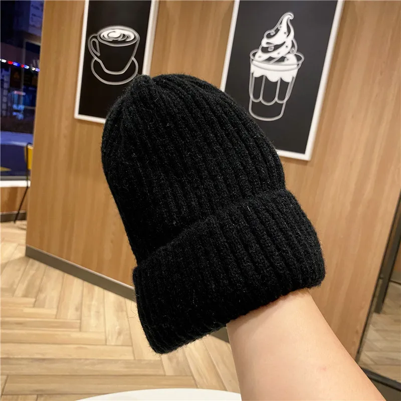 Fashion Warm Cashmere Wool Skullies Angola Rabbit Fur Winter Knitted Beanies Women Cap Female Three Fold Ski Outdoor Hats