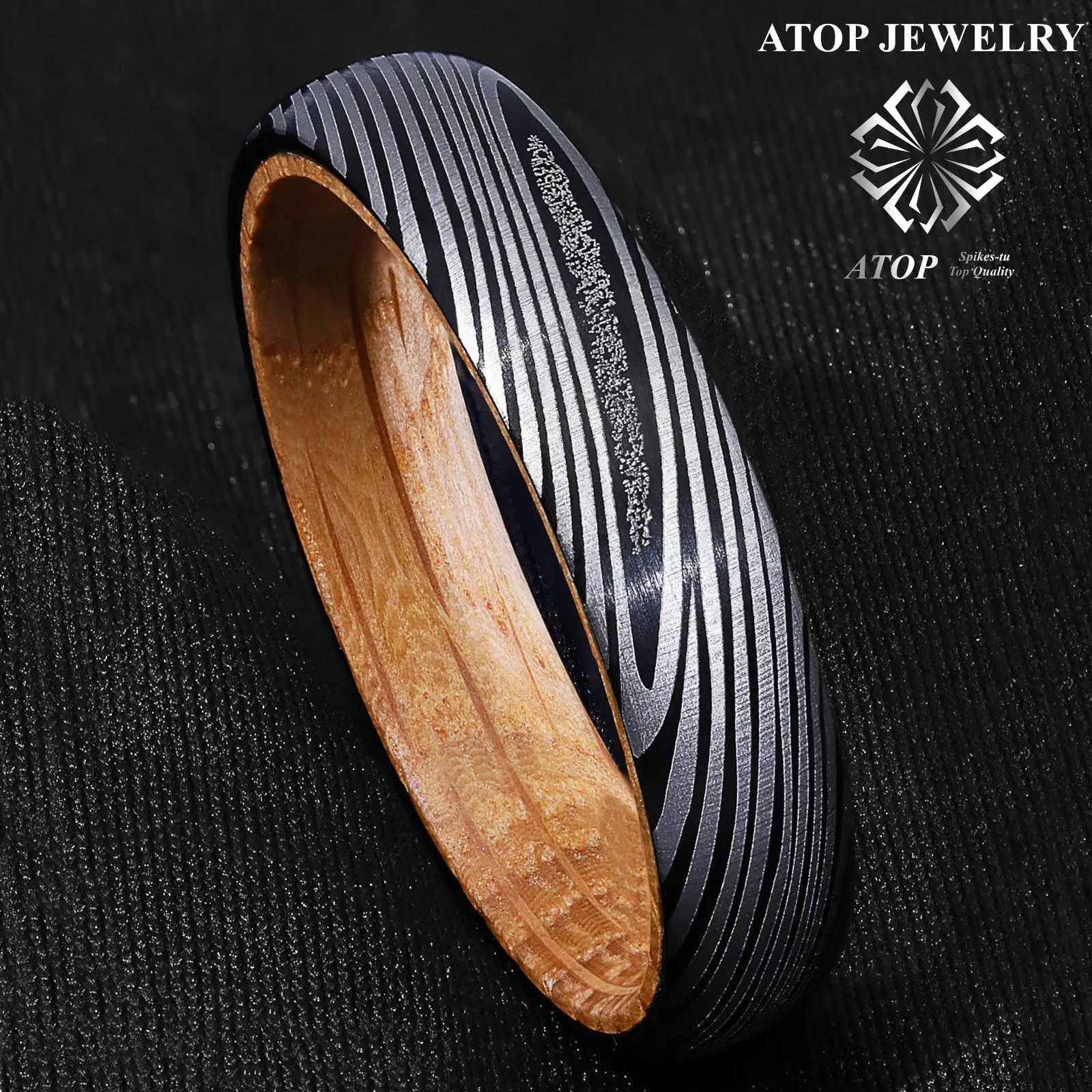 6mm Men's Black Damascus Steel with Whiskey Barrel Wood Sleeve Wedding Band Ring