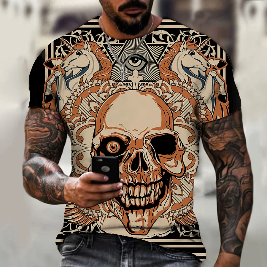 

Funny 3D Skull Print Men's T Shirt Hip Hop Trend Street Clothing Casual O-neck Short Sleeve Tops Summer Breathable Oversized Tee